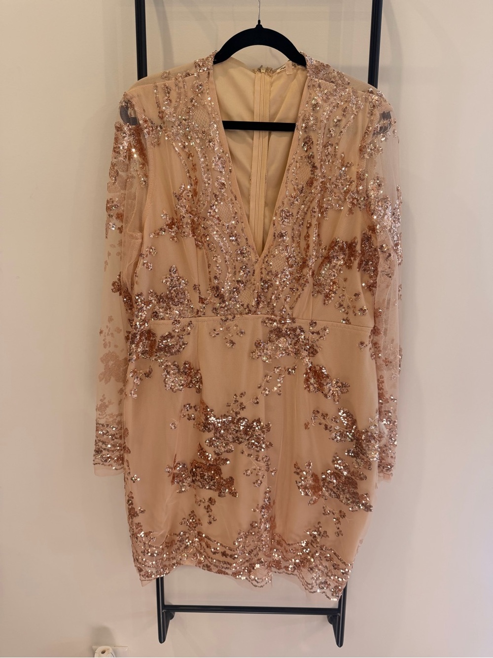 Embellished V-Neck Long Sleeve Mini Dress - Gold Sequin